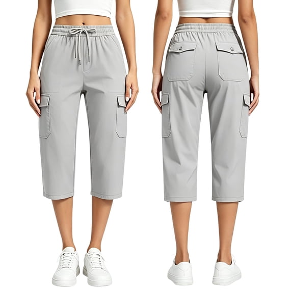 MHOSTAFH Women's Multi Pockets Cargo Capris Summer Lightweight Loose Straight Leg Capri Casual Outdoor Hiking Work Cropped Pants