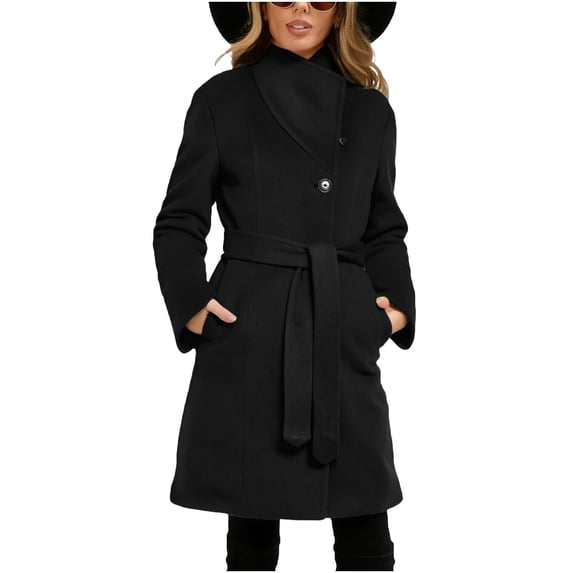 MHOSTAFH Women's Notch Lapel Collar Coat Solid Color Button Down Wool Coats Long Sleeve Casual Fall Winter Long Overcoat with Belt
