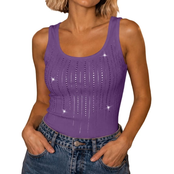 MHOSTAFH Women's Rhinestone Tank Top Sleeveless Scoop Neck Camisole Ribbed Going Out Tops for Club Party