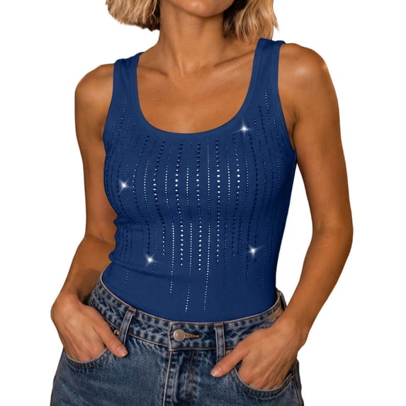MHOSTAFH Women's Rhinestone Tank Top Sleeveless Scoop Neck Camisole Ribbed Going Out Tops for Club Party