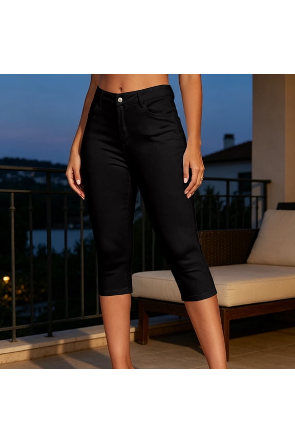 Women's Skinny Straight Leg Capris Pull On Stretch Button Closure Cropped Trouser Casual Office Work Capri Pants with Pockets