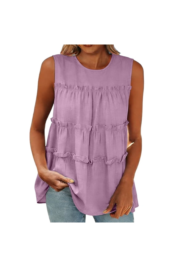 Womens Peplum Tank Tops Casual Pleated Round Neck Loose Fit Flowy Blouse Beach Vacation Sleeveless Shirts for Women