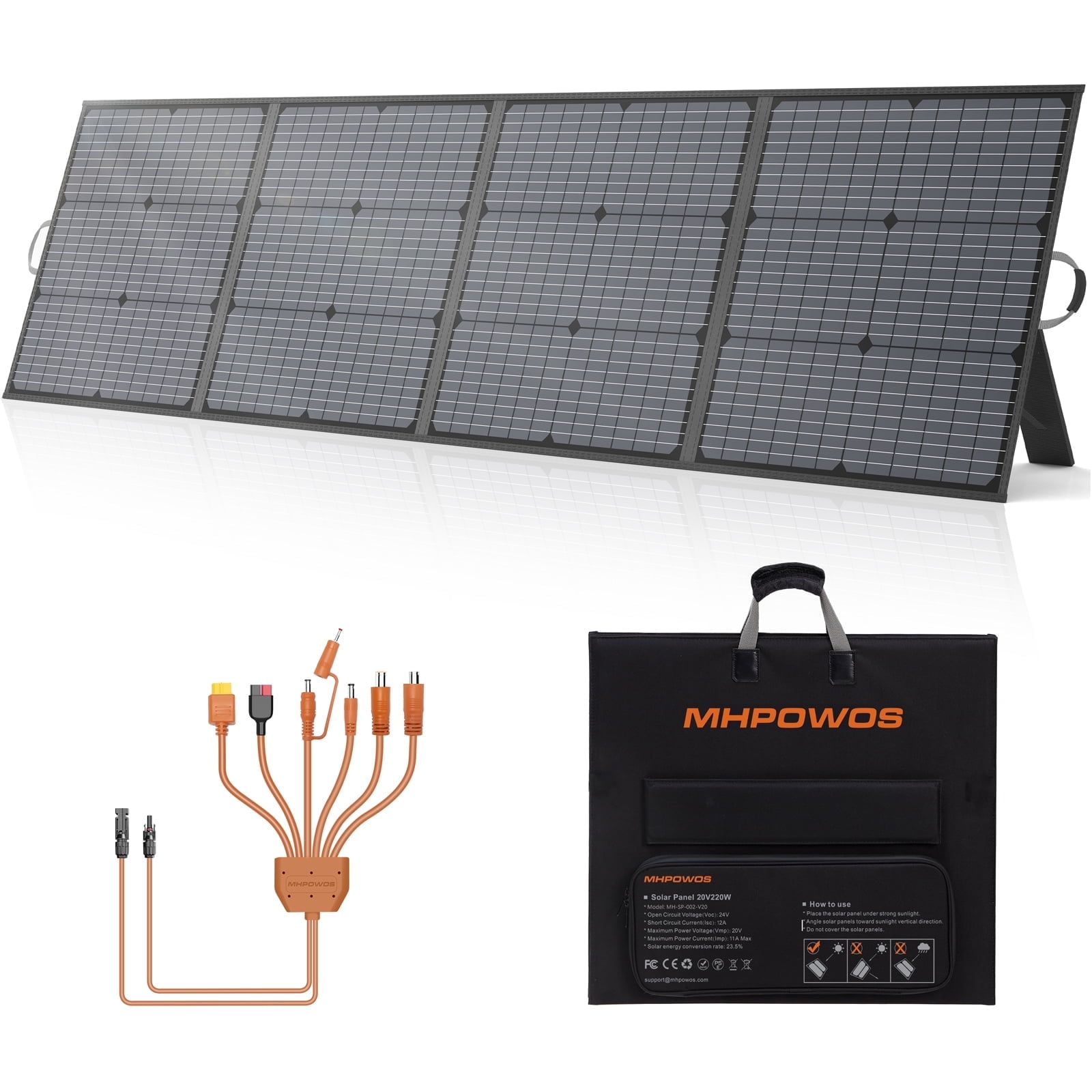 MHPOWOS 220W 20V Portable Solar Panel, 23.5% High Efficiency Waterproof IP67 Foldable Solar Panel Kit with Adjustable Kickstand Multiple Outputs for Power Station RV off Grid System