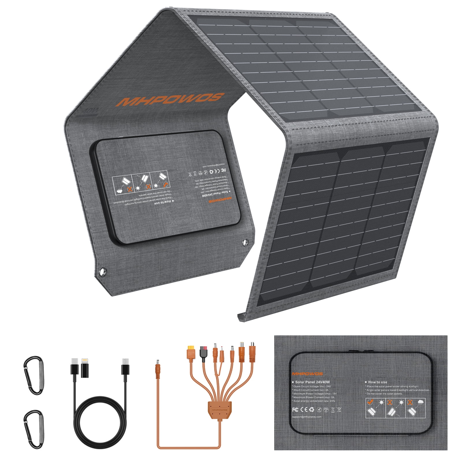 MHPOWOS 40W Solar Panel Portable Foldable with QC3.0 USB Type-C for Camping Hiking Backpacking