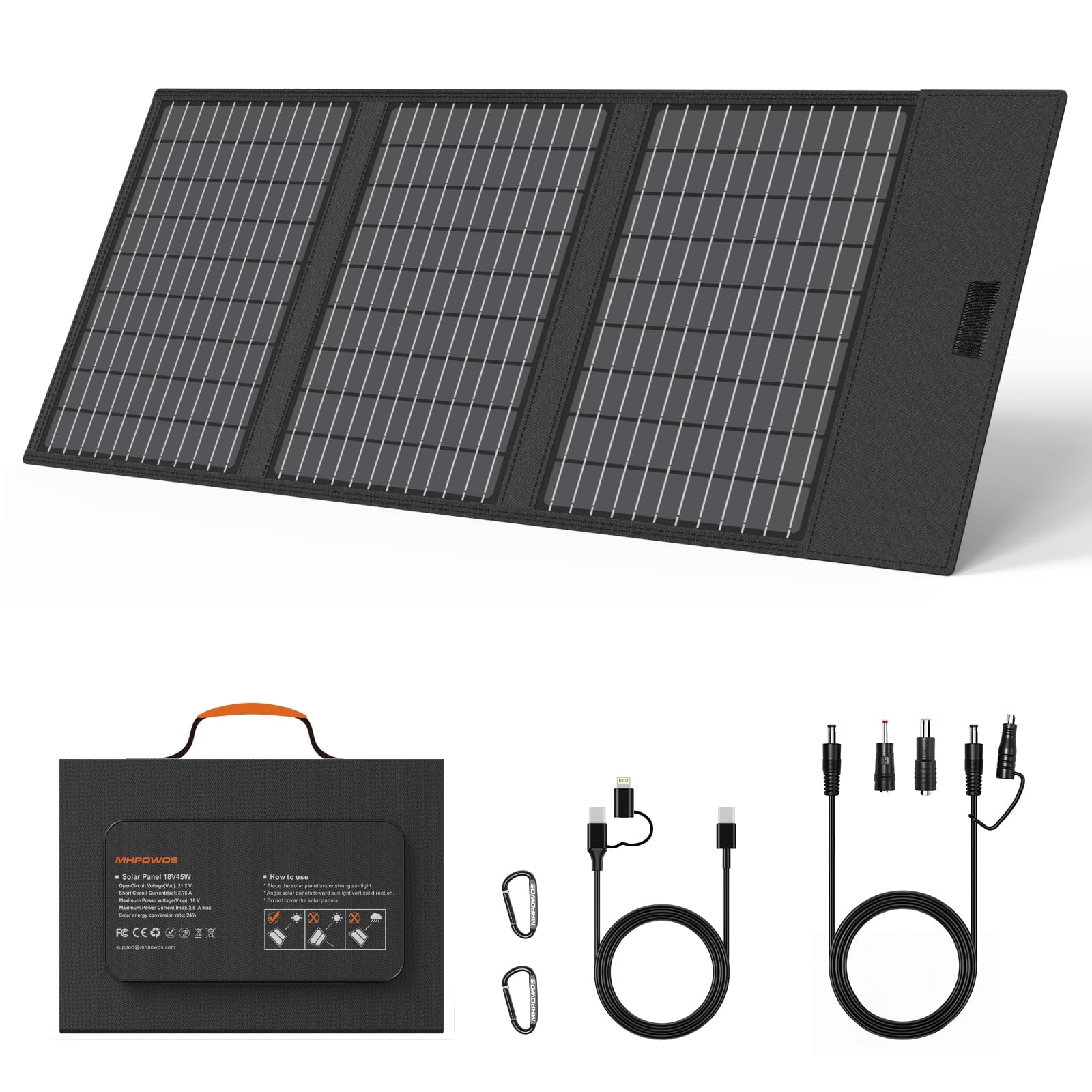 MHPOWOS 45W Portable Solar Panel Foldable USB Solar Charger QC3.0 PD3.0 Fast Charger for Camping Backpacking Phone Power Bank