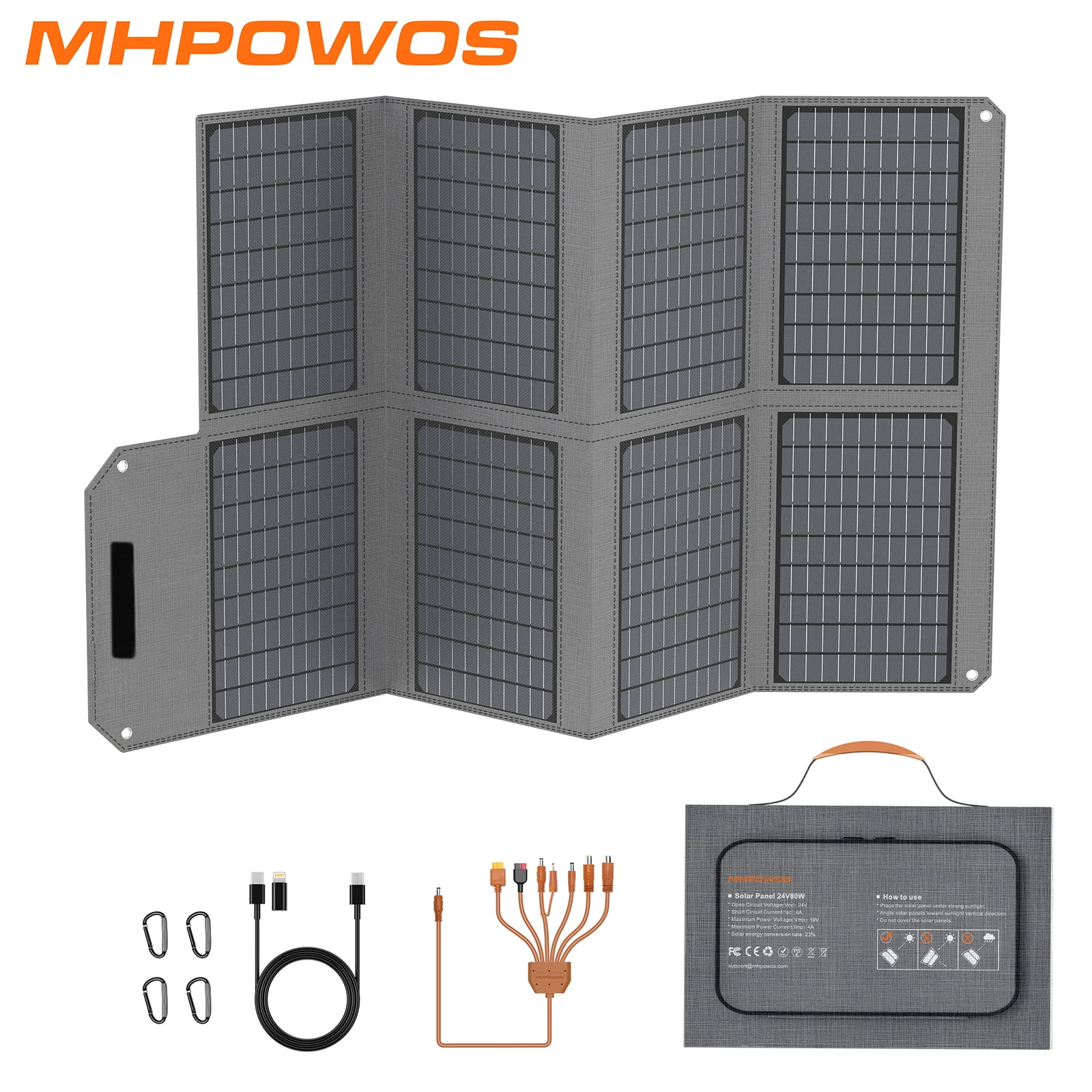 MHPOWOS 80 Watt Foldable Solar Panel, Portable Solar Charger with USB A USB C and DC Output for RV Camping Powerstation Phones Ipad