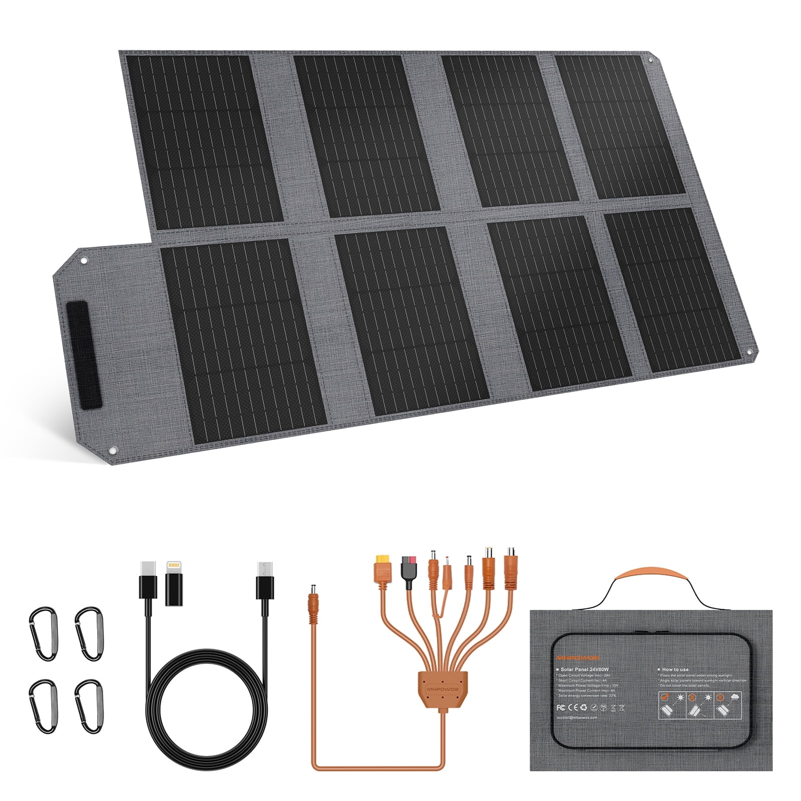 MHPOWOS 80W Portable Solar Panel Foldable Solar Charger IP65 ETFE USB Output for Camping Phone Tablet Laptop Power Bank