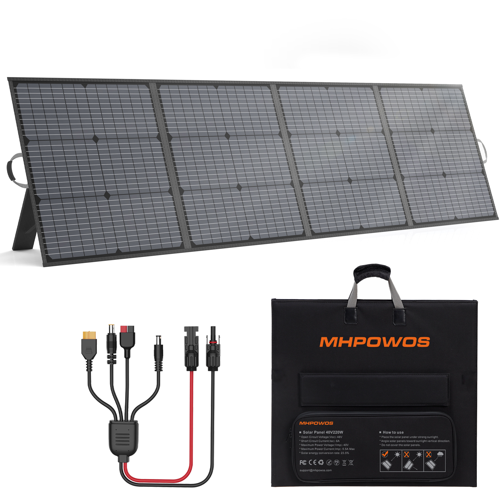 MHPOWOS Solar Panel 220W/40V Foldable Solar Charger with Adjustable Kickstand for Portable Power Station Outdoor Camping RV Off Grid System