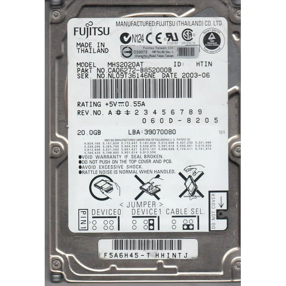 MHS2020AT, PN CA06272-B852000B, Fujitsu 20GB IDE 2.5 Hard Drive