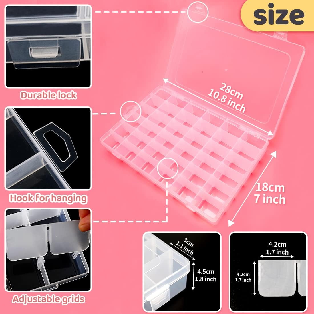 MHSIOAP-2 Pack 36 Grids Plastic Bead Organizer Box, Adjustable Dividers, Sewing Storage, Organizer Container Storage Box, Dividers for Bead Arts and Crafts.