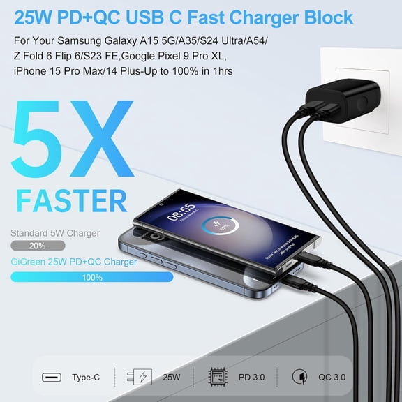 MHSIOAP-25W Samsung Charger Super Fast Charging Block USB C Wall Charger Android Phone Cord 6FT for Samsung Galaxy A17 5G A36 S26 Ultra A16 A15 A35 S25 Ultra S24 FE A54 A25 A53 S23,iPhone 17e 16 15,P