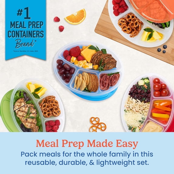 MHSIOAP-Bentgo Easyboxes 4-Compartment Oval Containers - Patented Design 8-Piece Set; 4 Trays & 4 Fitted Lids Seal in Freshness; Reusable Food Storage & Meal Prep BPA-Free Containers (Classic)