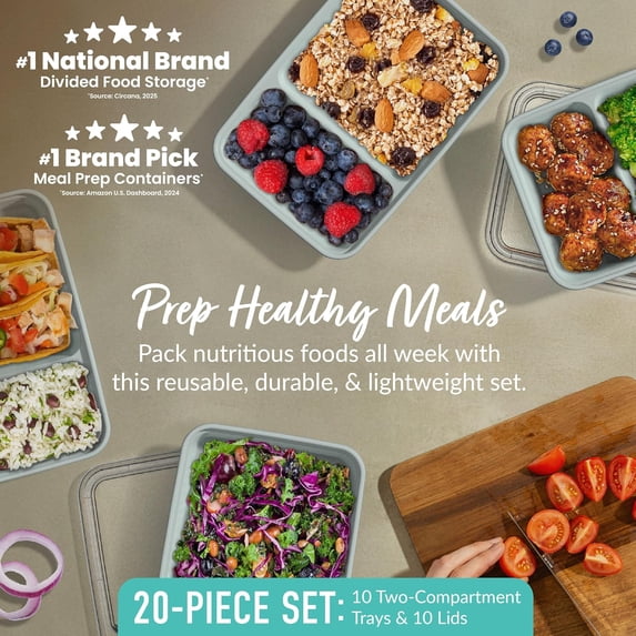 MHSIOAP-Bentgo Prep - 20-Piece 2-Compartment Reusable Meal Prep Containers with Lids, PFAS & BPA Free Materials, Durable, Microwave, Freezer, & Dishwasher Safe To Go Food Storage (Mint)