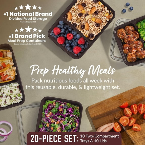 MHSIOAP-Bentgo Prep - 20-Piece 2-Compartment Reusable Meal Prep Containers with Lids, PFAS & BPA Free Materials, Durable, Microwave, Freezer, & Dishwasher Safe To Go Food Storage (Burgundy)