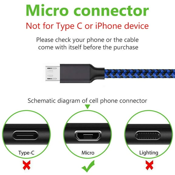 MHSIOAP-Micro USB Cable, 3Pack 6FT Android Charger Cord Long Braided Sync Fast Charging Cables Compatible with Samsung Galaxy S6 S7 Edge, Android Phone -Blue