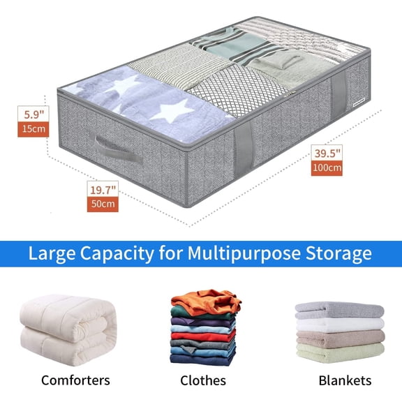 MHSIOAP-Underbed Storage Bags Organizer, 4 Pack Large Capacity Under Bed Storage Containers with Reinforced Handles, Foldable Fabric Storage Bins with Clear Window, Herringbone Grey, 7MXRUBBP4