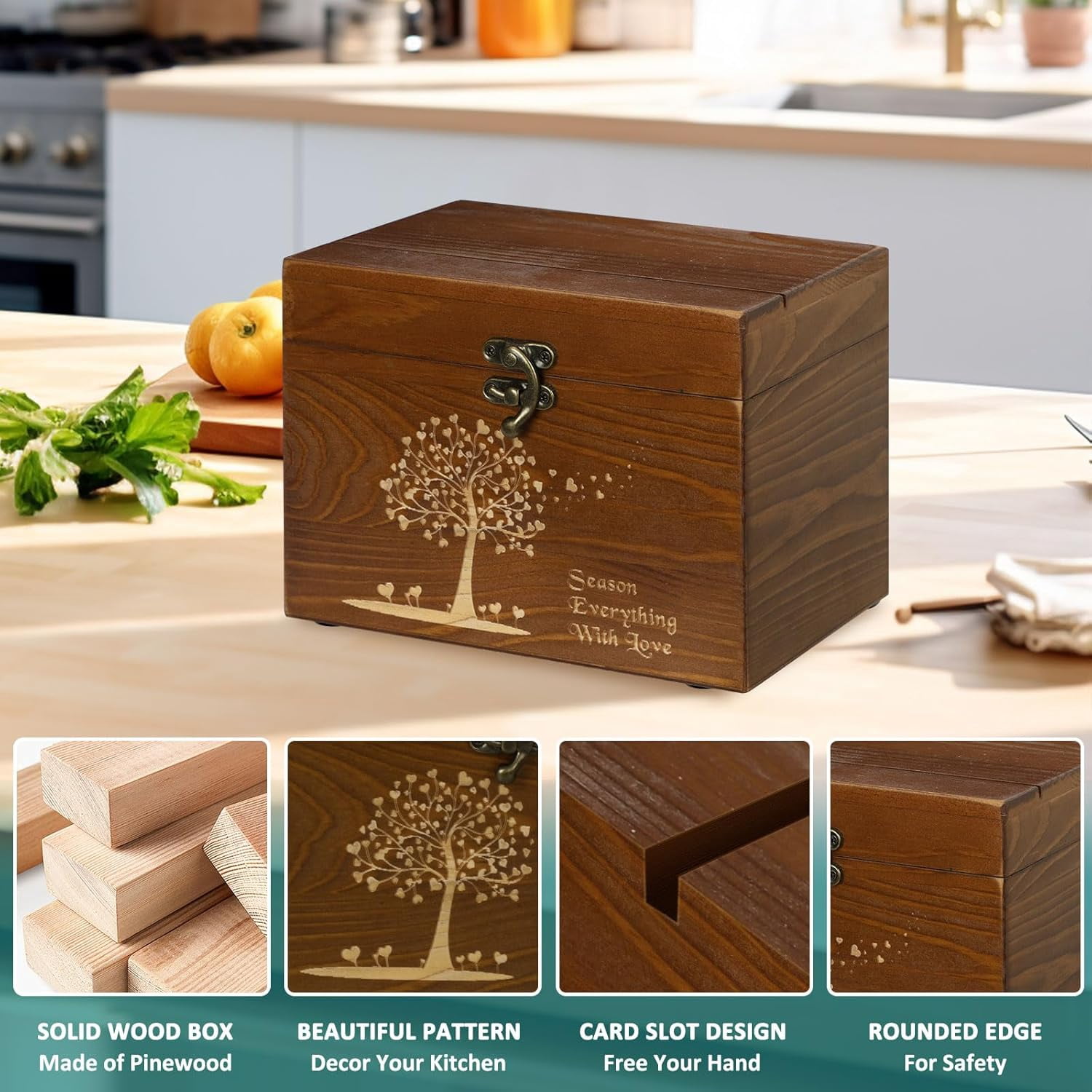 MHSIOAP-Vintage Recipe Box, Wooden Recipe Cards and Box Set, Recipe Organizer w/ 50 Blank Cards and 8 Wood Dividers, Perfect Housewarming, Bridal Shower Gift, Vintage Brown