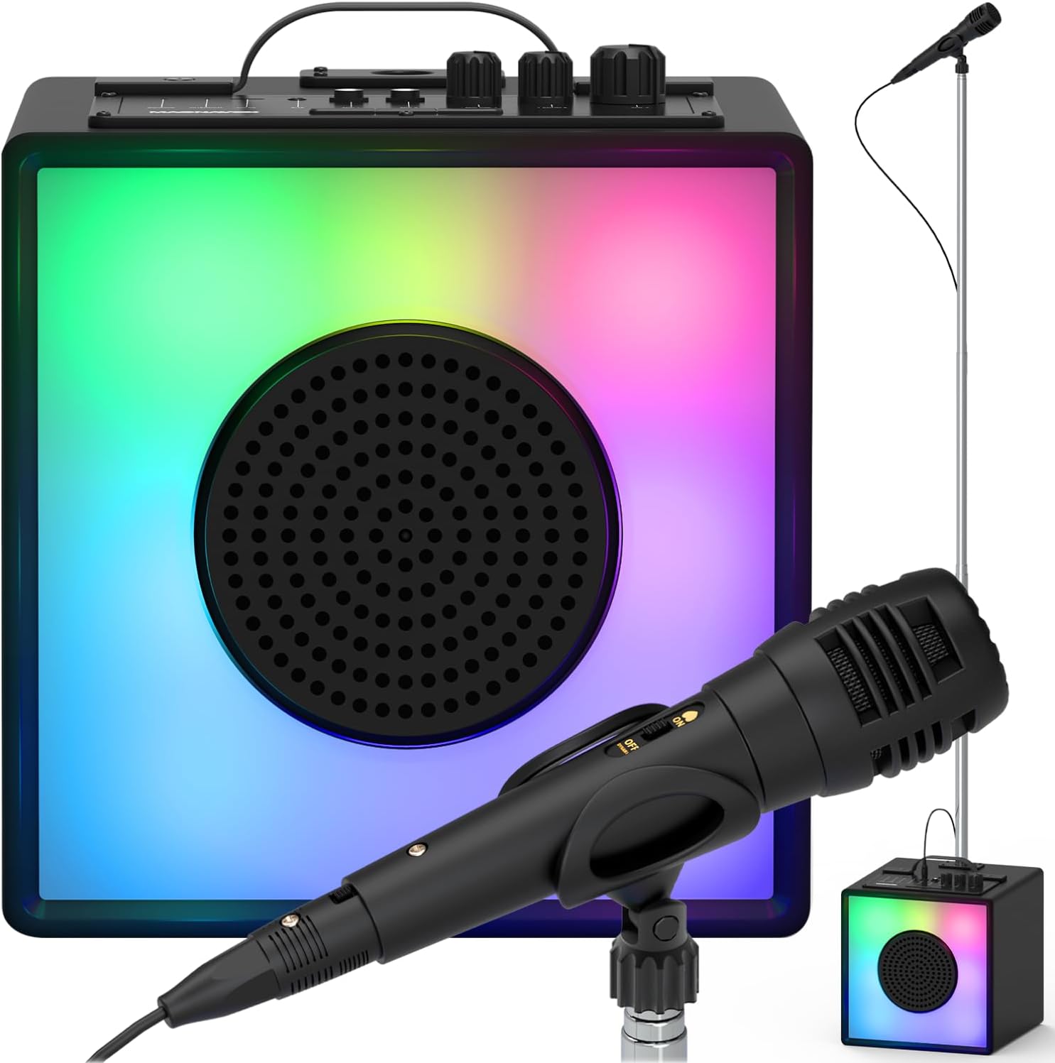 MHT753 Portable Karaoke System w/Lights, Bluetooth, Mic Stand, USB
