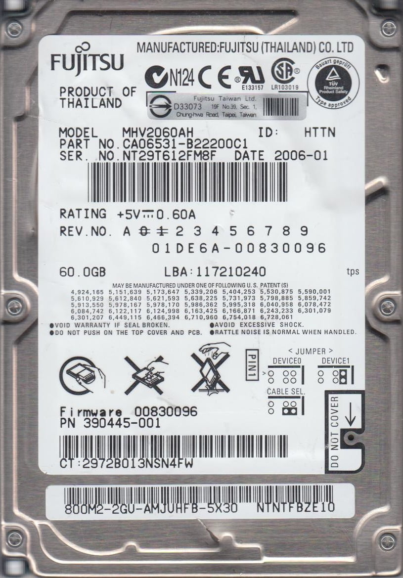 MHV2060AH, PN CA06531-B22200C1, Fujitsu 60GB IDE 2.5 Hard Drive