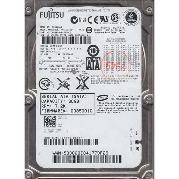 MHW2080BJ FFS G2, PN CA06855-B42500DL, Fujitsu 80GB SATA 2.5 Hard Drive