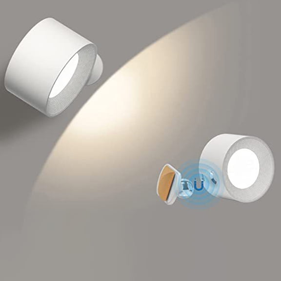 MHXCV 360 Rotatable LED Wall Sconces Magnetic Rechargeable Battery Operated Bedside Lamp Wireless Cordless Mounted Wall Lights with 3 Color Temperatures & Dimmable Brightness for Bedroom Living Room