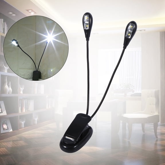 MHXCV Flexible 2 Dual Arms Clip On 4 LED Book Light, Dimmable Reading Lamp for Bed, Tablet, and Music Stand, Battery Powered, Black (9.05 inches / 23 cm)
