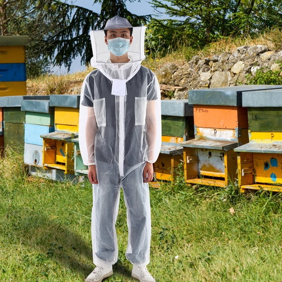 MHXCV Premium Beekeeping Protective Suit Professional Full Body Anti Bee Biting One Piece Nylon Mesh Hooded Clothing Clothes Supplies for Beekeepers White Yellow XL (15 inches / 38 cm)