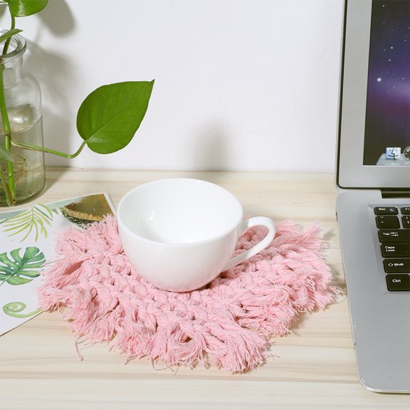 MHXCV Premium Household Kitchen Cotton Coffee Cup Coaster with Tassel Heat Insulated Pad Placemat Decoration Pink Heart Shaped 8.3 inches / 21 cm