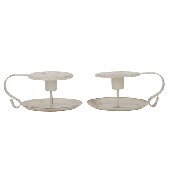 MHXCV Retro Elegant Iron Taper Candle Holders Set of 2 with Curved Handle and Simple Antique Finish Tea Cup Metal Candlestick Stand Decor for Shabby Chic Romantic Candlelight Dinner Table White