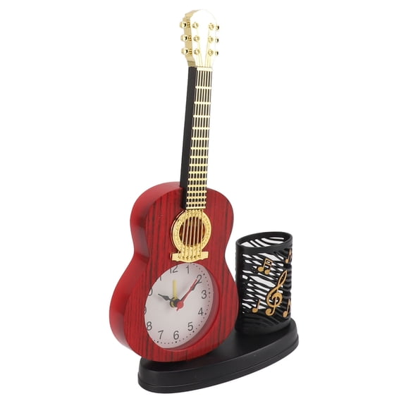 MHXCV Retro Guitar Alarm Clock Multifunctional Desk Clock Ornament with Pen Holder and built-in Pencil Sharpener Elegant Instrument Shape Home Decorative Timepiece for Students and Office