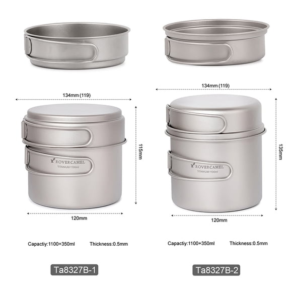 MHXCV Ultralight Titanium Cookset Outdoor Camping Cookware Set 1100ml Pot and 350ml Fry Pan with Folding Handles, 5.5x5.5x5.5 Inches / 14x14x14 cm Mess Kit for Backpacking Hiking Cooking Gear