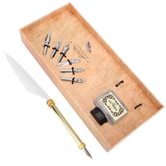 MHXCV Vintage Simple Style Calligraphic Feather Pen Kit Retro Nib Ink Bottle Set for Students Birthday Christmas Gifts, Elegant Writing Instruments (White, 7.5 inches / 19.0 cm)