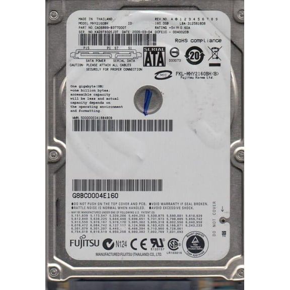 MHY2160BH, PN CA06889-B377000T, Fujitsu 160GB SATA 2.5 Hard Drive