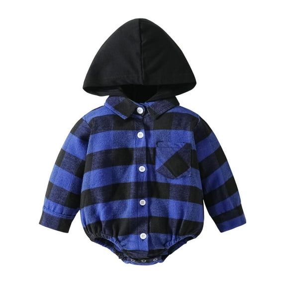MHZLDYZ 0-3 Months Baby Boy Clothes Infant Boys Girls Long Sleeve Plaid Prints Hooded Romper Newborn Sweatshirt Bodysuits Newborn Boy Outfits Newborn Baby Girl Clothes (Blue,90)