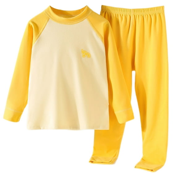 MHZLDYZ Boys Girls Fall Winter Pajamas Set Toddler Casual Solid Color Blocking Shoulder Long Sleeve Pajamas Tops + Pajama Pants Thermal Underwear Set (Yellow,165)