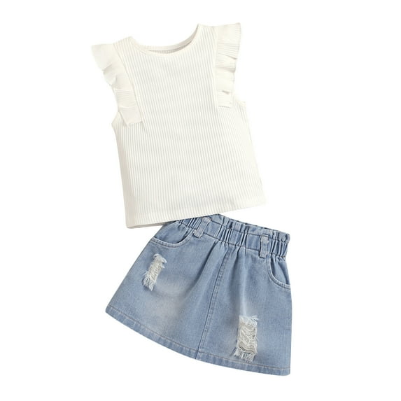 MHZLDYZ 10-12 Girls Outfits Summer Toddler Girls Sleeveless Ruffles Solid Knit Tops Skirt Two Piece Outfits Set for Kids Clothes Clothing Girl Clothes Size 10-12 Size 8 Girls Clothes(White,100)