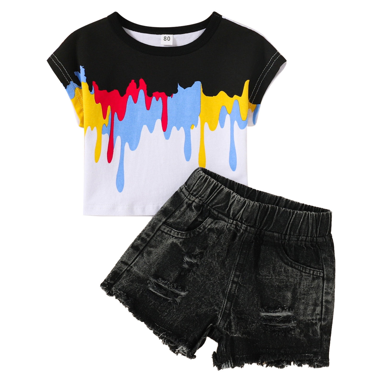 MHZLDYZ 1012 Girls Outfits Summer Toddler Girls Short Sleeve Prints