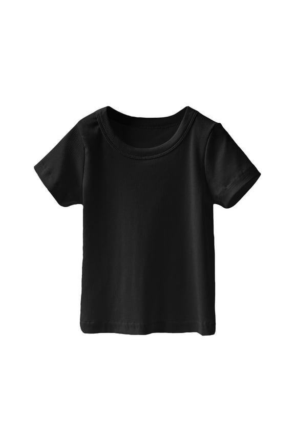 24 Months Girls Clothes Toddler Girl Solid Color T Shirt Knitted Striped Round Neck Short Sleeve for 1 To 7 Years Baby Girls' Clothing Baby Shirts (Black,120)