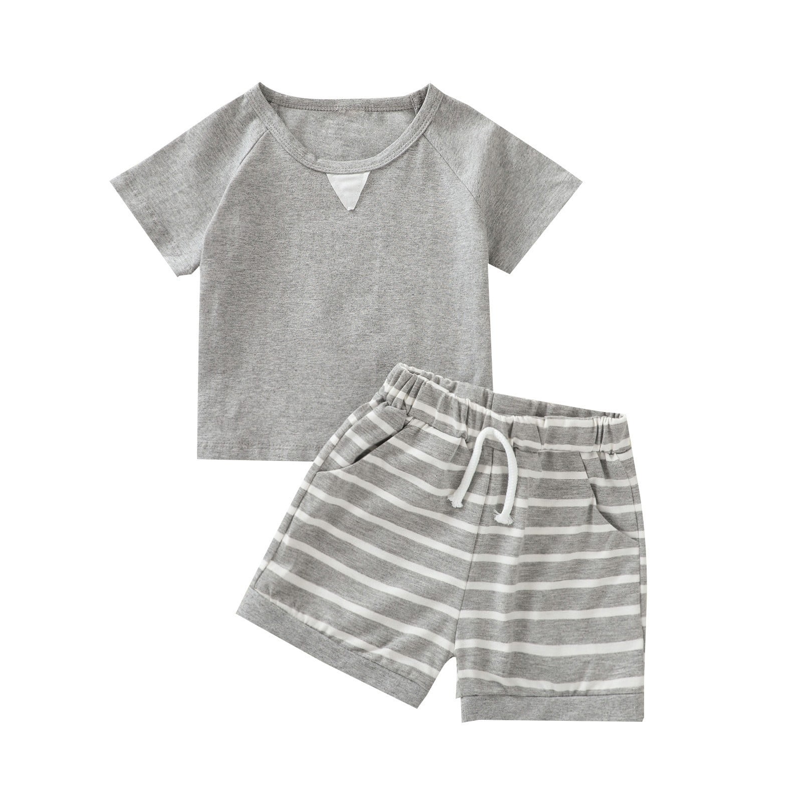 4 Year Old Boy Clothes Toddler Baby Boys Outfits&Set Solid Color Short Sleeved T Shirt And Striped Shorts Summer Outdoor Casual Suit 4 Year Old Boy Clothes 3T Boys Clothes(Gray,80)