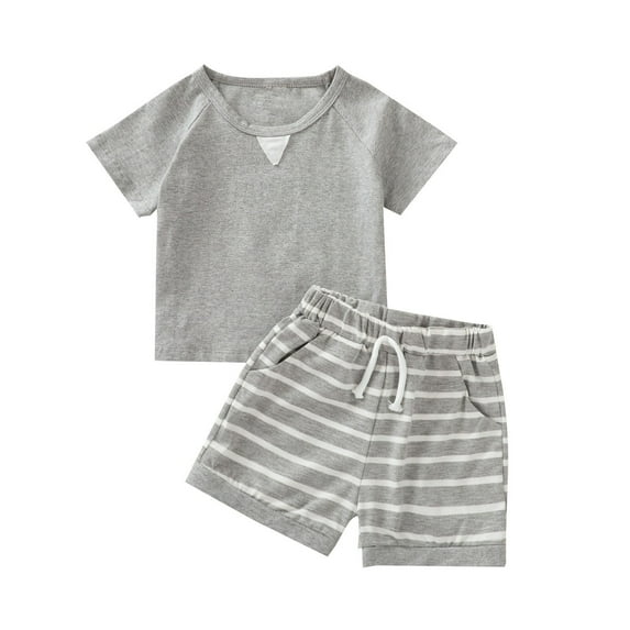 MHZLDYZ 4 Year Old Boy Clothes Toddler Baby Boys Outfits&Set Solid Color Short Sleeved T Shirt And Striped Shorts Summer Outdoor Casual Suit 4 Year Old Boy Clothes 3T Boys Clothes(Gray,80)