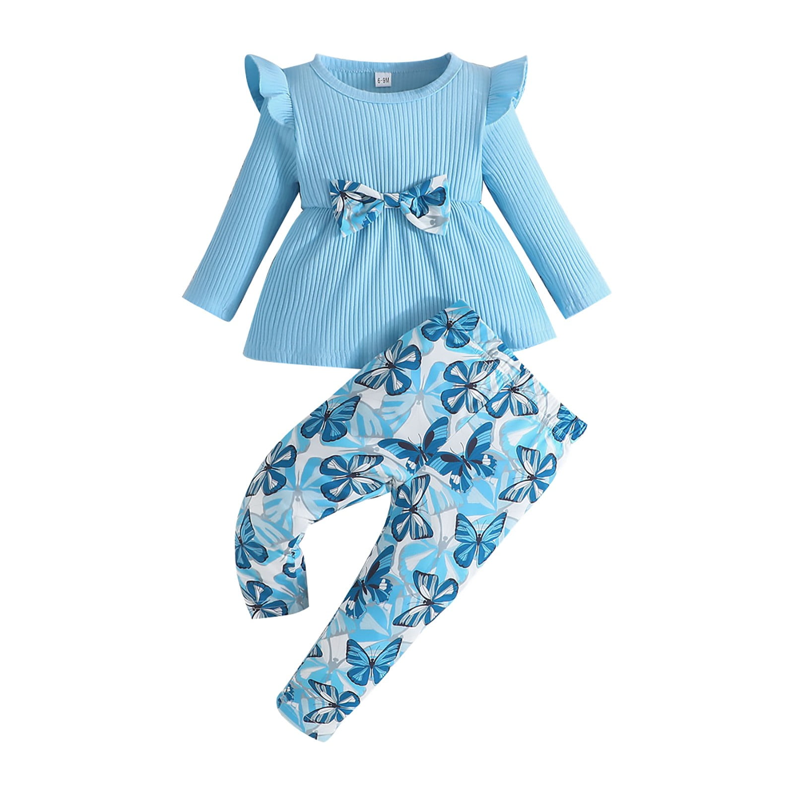 MHZLDYZ 7 Year Old Girl Clothes Infant Spring Girls Two Piece Solid Ruffle Long Sleeve Girls'Bow Top And Girls' Butterfly Print Pants 8 Year Old Girl Clothes Hawaiian Shirt for Girls (Sky Blue,12M)