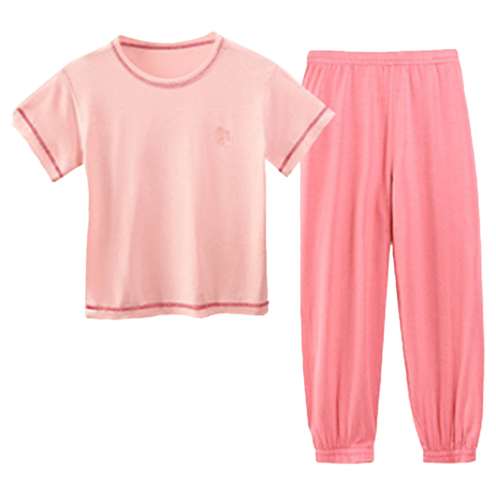 MHZLDYZ 7 Year Old Girl Clothes Summer New Multi Color Children's Home Furnishing Solid Short Sleeve Round Neck Top+Pants Two Piece Set Hawaiian Outfit for Girls Hawaiian Shirt for Girls (Pink,150)