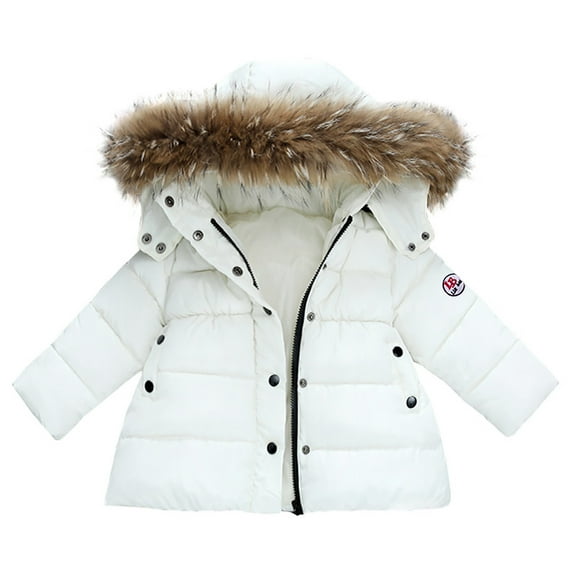 MHZLDYZ Baby Boys Girls Down Jacket Toddler Winter Warm Zipper Up Puffer Down Coat Cotton Hooded Fur Snowsuit Kids Padded Ski Snow Outwear (White,140)