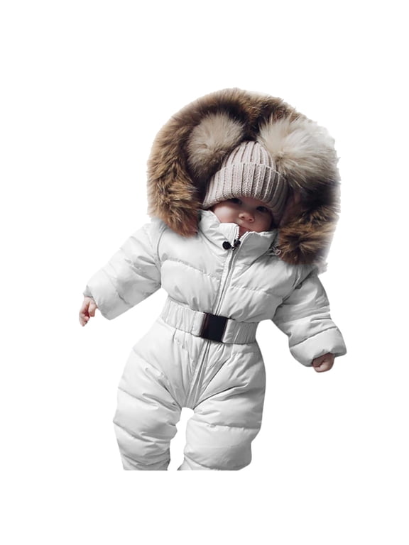 Baby Girls Snowsuit Romper Hooded Jumpsuit Warm Outerwear Jacket Jumpsuit Coat Newborn Infant Boys Snowsuits Padded Thick Coat Outfit (White,70)