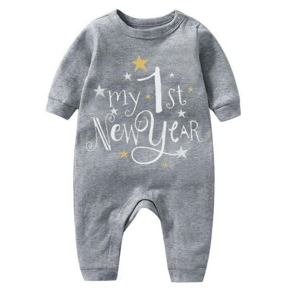 MHZLDYZ Baby Items My First New Year Clothes Newborn Infant Baby Boy Girl New Year Outfits Letter Print Romper Jumpsuit Headband Outfits Set Newborn Boy Clothes Baby Clothes Unisex (Gray,6M)
