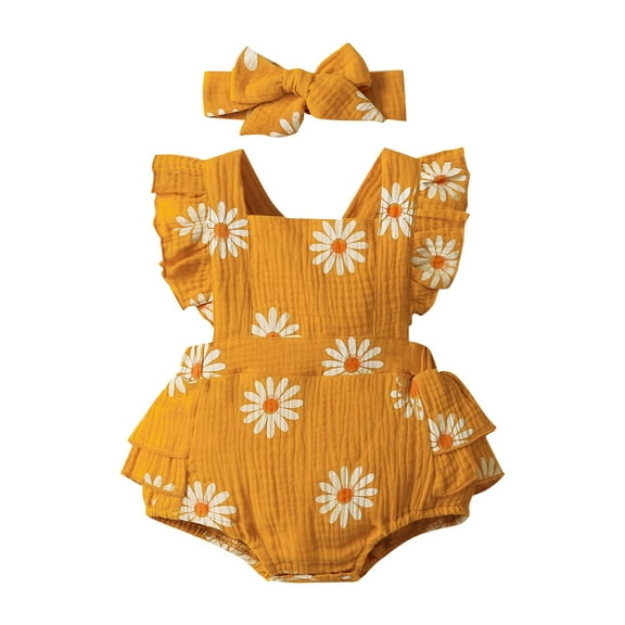 MHZLDYZ Baby Onesies 3-6 Months Newborn Baby Girl Clothes Daisy Print Crepe Fabric Baby Romper Set Infant Girl Outfits 2Pc Set Baby Boy Clothes 0-3 Months Baby Boy Onesies Baby Boy Onesies(Gold,0-3M)