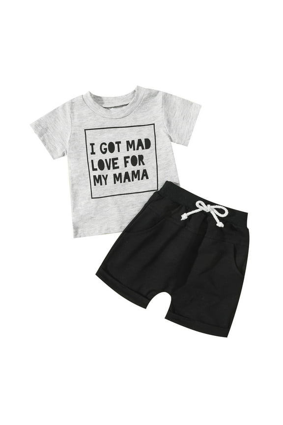 Boy Clothes 4T Kids Toddler Baby Boys Spring Summer Print Letter Cotton Short Sleeve Tops Tshirt Shorts Outfits Set Clothes Boys Summer Outfits 4 Year Old Boy Clothes(Gray,80)