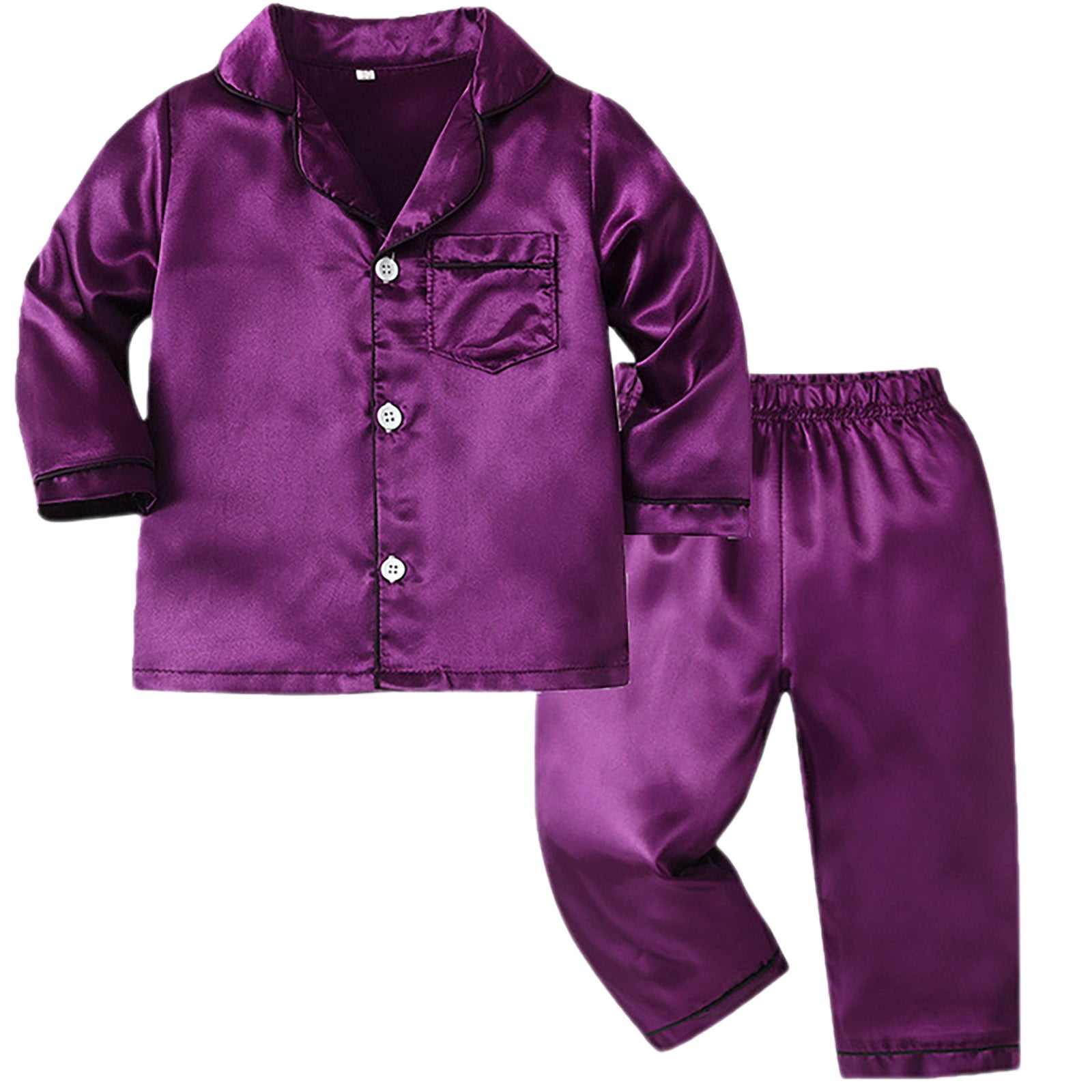 MHZLDYZ Clearance Boys Girls Silk Pajamas Set Long Sleeve Solid Color Shirt + Pants Set Single Breasted Sateen Pajamas Two Loungewear Kids Pajamas Set (Purple,130)