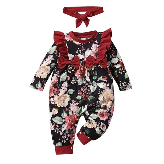 MHZLDYZ Clearance Girls 10-12 Summer Outfits Infant Newborn Baby Girls Long Sleeve Floral Print Patchwork Bowknot Romper Jumpsuit With Headbands Outfits Set 2Pcs Girls Summer Shirts (Black,3M)