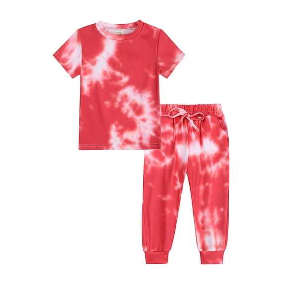 MHZLDYZ Clearance Girls Summer Outfits Kids Toddler Boy Girls Clothes Sports Casual Tie Dye Prints Short Sleeves T Shirt Elastic Waist Pants Set Outfit Girl Clothes Size 6 (Red,110)